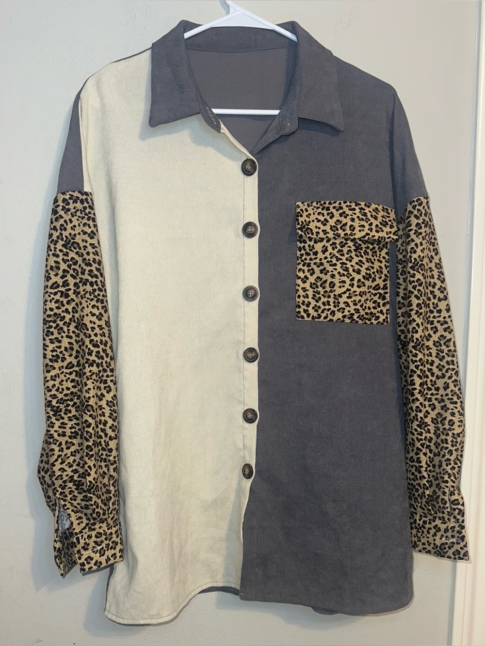 Colorblock Button Down Gray Shirt with Leopard Print Pocket